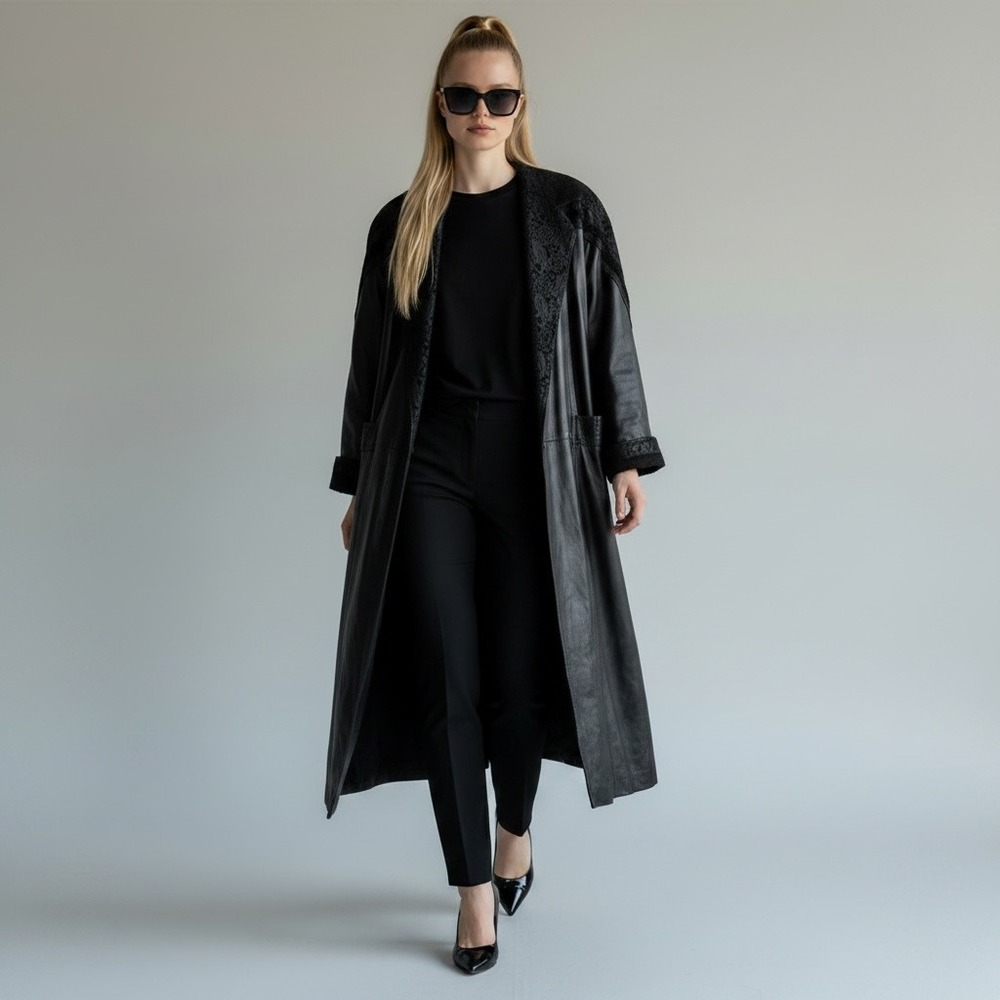 Pelle Studio Vintage Gothic 100% Leather 90s Grunge Long Trench Coat L Black